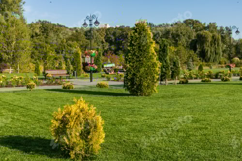 Visualização: Fundo abstrato com espaço público lindamente organizado. Parque da cidade com excelente paisagismo