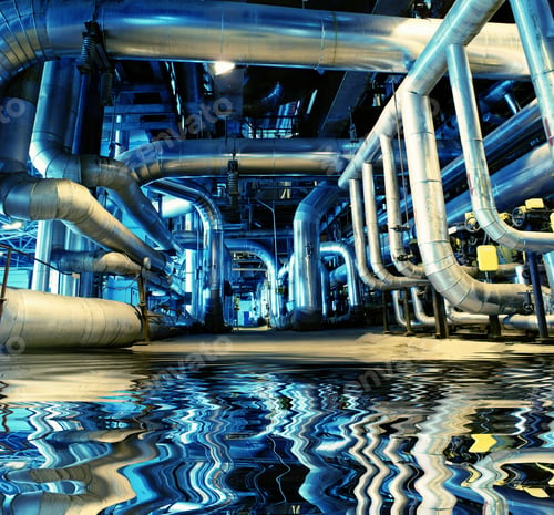 Preview: Industrial Blue Toned Steel Pipelines In Insulation With Reflection
