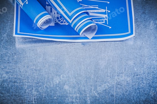 Preview: Blue Engineering Drawings On Metallic Background Maintenance Concept.