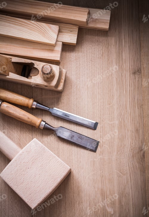 Preview: Group Of Wooden Joinerã?¢â?‰?¢S Working Tools On Wood Board Close Up View Construction