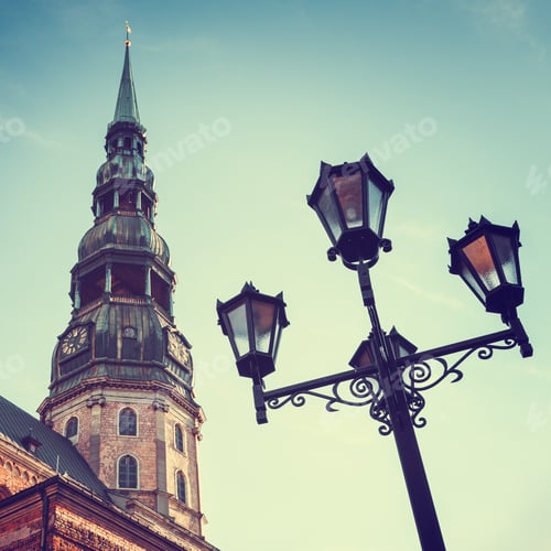 Preview: Retro Styled Photo Of St Peters Church In Old City Riga, Latvia.