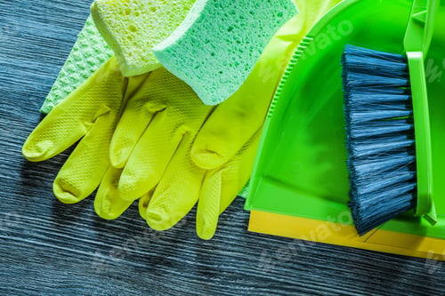 Preview: Set Of Household Cleaning Tools On Vintage Wooden Board.