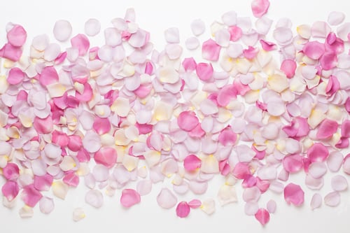 Preview: Pastel Rose Flowers Petals On White Background. Flat Lay, Top View, Copy Space.