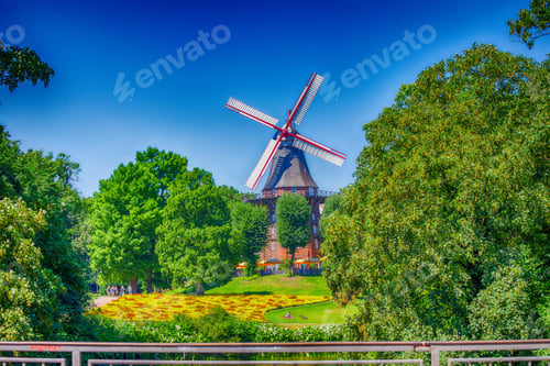 Preview: Wallanlagen With Windmill On A Beautiful Sunny Day In Bremen, Germany.