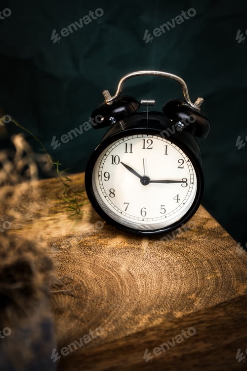Preview: Retro Black Alarm Clock On Wooden Night Stand, Vintage Ols Scool Design Background Moody Style