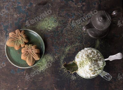 Preview: Green Matcha Latte Decorated With Matcha Powder Tea, Served With Whipped Cream And Traditional