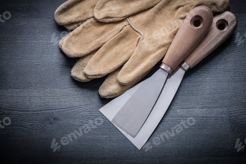 Preview: Two Steel Paint Scrapers And Pair Of Working Gloves.