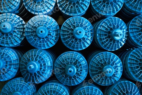 Preview: Top View Of Many Round Aluminum Parts In An Industrial Plant.