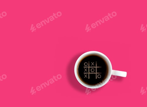 Preview: Creative Concept With Cup Of Coffee And Tic Tac Toe Game Made Of Coffee Foam. Flat Lay Design