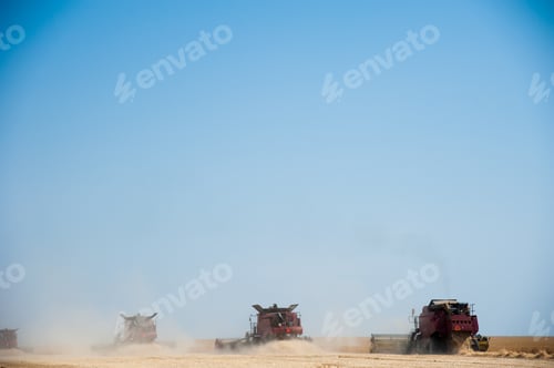 Preview: Agriculture. Combine Harvester On A Wheat Field With Blue Sky