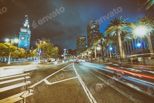 Preview: Streets Of San Francisco At Night In Embarcadero Area With City Traffic.