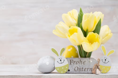 Preview: Yellow Tulips, Spring Flowers And Easter Decoration.