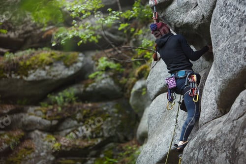 Preview: Climber Woman Climbs Up Overhanging Cliff, Close-Up.