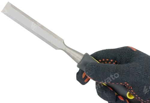 Preview: Hand In Glove Holding Chisel Ruler On A White Background