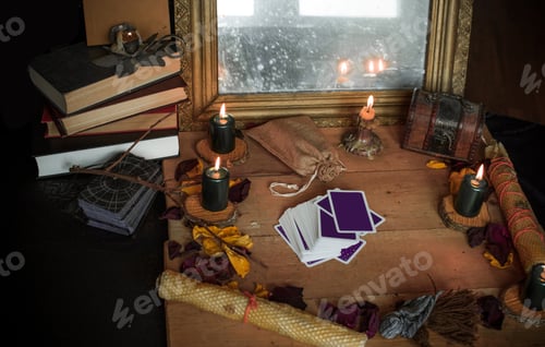 Preview: Tarot Cards And Esoteric Concept. Magic Rituals. Mystical Table With Details