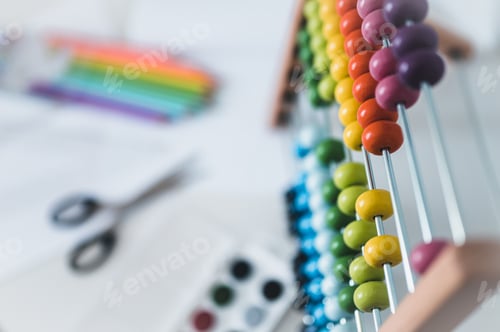 Preview: Back To School. Items For The School On A Blue Wooden Table. School Supplies On White Board