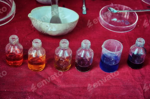 Preview: Jars With Colorful Reagent In An Old Chemical Laboratory. Chemicals In Bottles With Colored