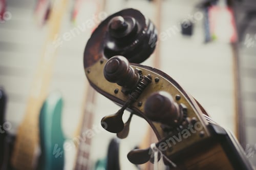 Preview: Double Bass Headstock And Tuning Keys Close Up Vintage Color Effect And Out Of Focus Background