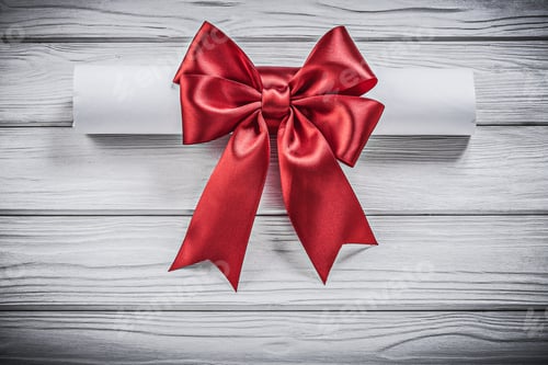 Preview: Paper Scroll With Red Bow On Wood Board Holidays Concept.