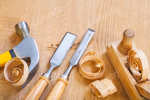 Preview: Set Of Woodworking Tools Chisel Hammer Plane On Wooden Board