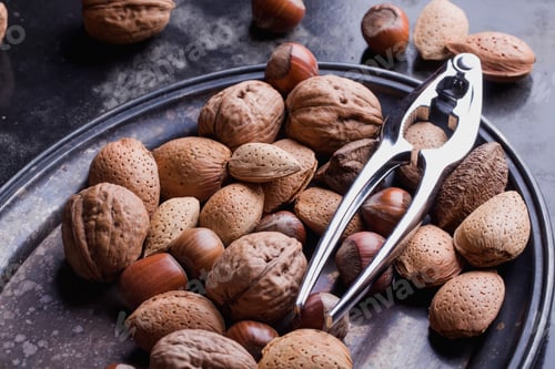 Preview: Selection Of Various Nuts: Almonds, Brazilian, Walnuts On A Vintage Oval Metal Tray, Black