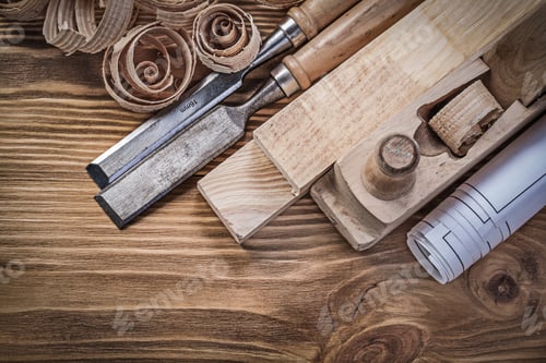 Preview: Blueprint Shaving Plane Flat Chisels Wooden Bricks Shavings On Wood Board.
