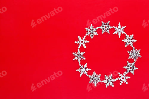 Preview: Christmas Composition. White Snow Flakes Wreath Decorations On Red Background. Christmas, Winter