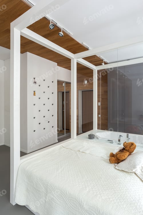 Preview: White Modern Studio Interior With Integrated Kitchen And Open Bath Tub