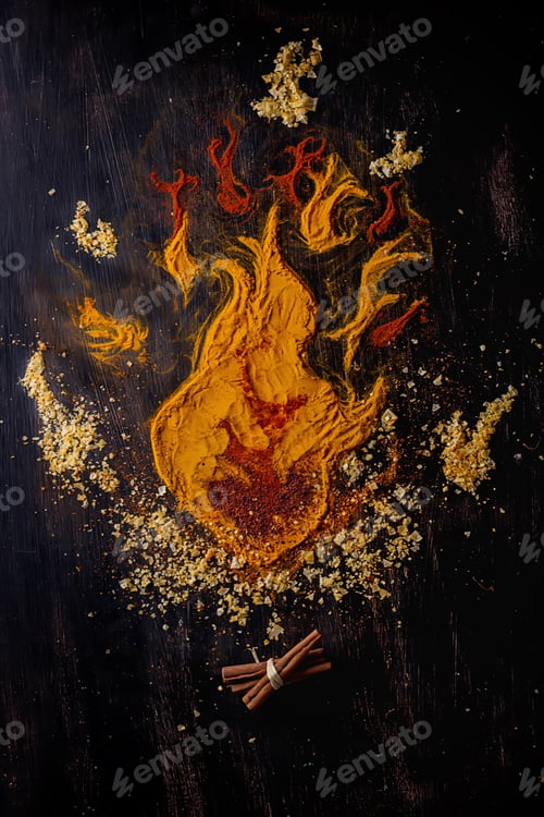 Preview: Variety Of Spices Shaped As Flames Of Fire Over A Rustic Wooden Board, Top View