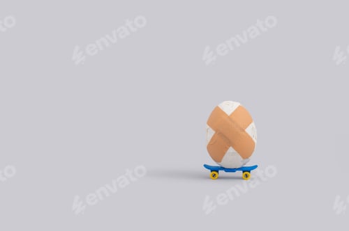Preview: Creative Food Concept With Broken White Egg With Adhesive Bandage Riding Skateboard