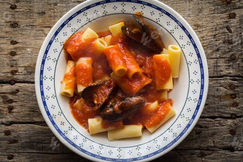Preview: Traditional Pasta With Stuffed Mussels And Tomato Sauce, Typical From Puglia