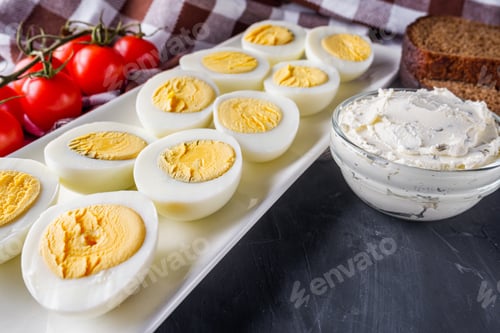 Preview: Boiled Chicken Eggs On A Dark Stone Background