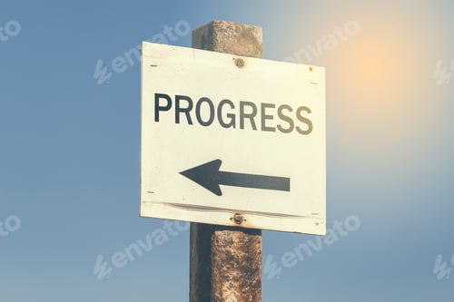 Preview: Progress Word And Arrow Signpost On Clear Sky Background. Motivational Sign. Vintage Style.