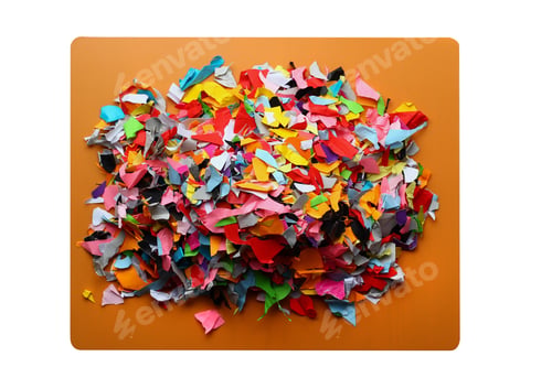 Preview: A Lot Of Torn Pieces Of Colored Paper. Orange Table Surface Isolated On White Background.