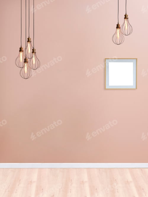 Preview: Empty Frame with Lightbulbs on Peach Colored Wall