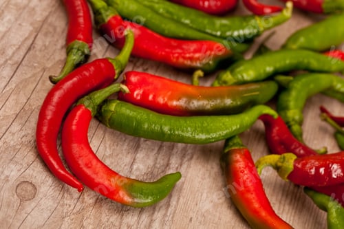 Preview: Fresh Raw Green And Red Peppers On Wooden Background