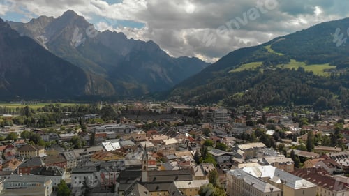 Preview: Beautiful Town Of Dolomites, Aerial View At Sunset.