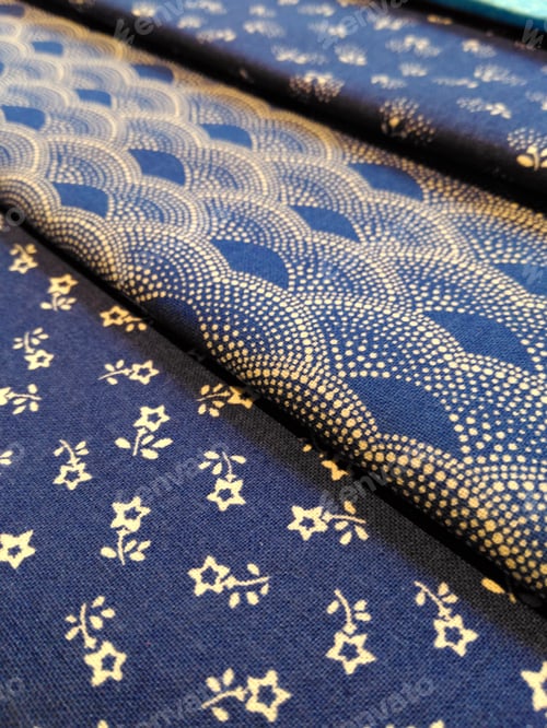 Preview: Blue and White Fabric with Floral and Geometric Patterns