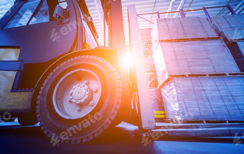 Preview: Forklift Loader In Storage Warehouse Ship Yard. Distribution Products. Delivery. Logistics