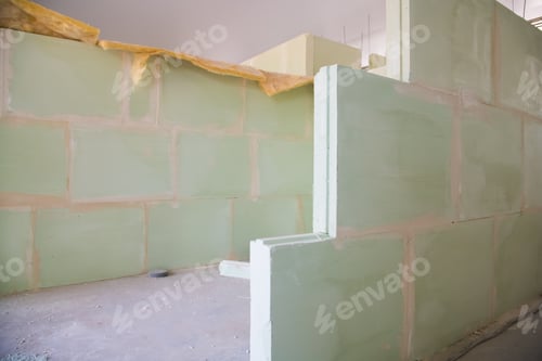 Preview: Unfinished Construction Empty Room. Walls From Lightweight Aggregate Concrete Blocks With Empty