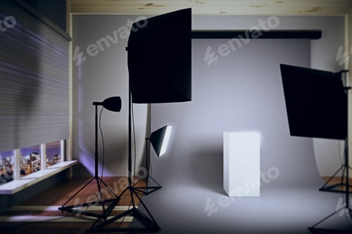 Preview: Interior Photo Studio At Night With A White Pedestal 3D Render