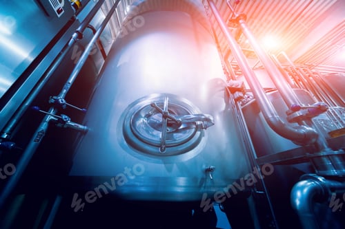 Preview: Modern Interior Of A Brewery. Barrels And Pipes. Factory Interior. Industry Background