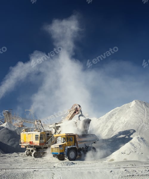 Preview: Mining Excavator And Heavy Mining Truck During Loading And High Dust Pillar On The Background Of A