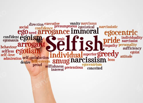 Preview: Selfish Word Cloud And Hand With Marker Concept On Gradient Background.