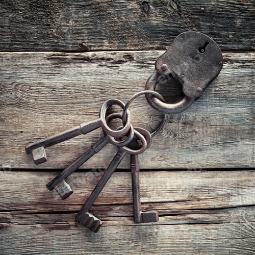 Preview: Old Rusty Lock With Keys On Wooden Background.