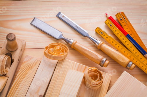 Preview: Carpentry Chisels Wooden Boards Meter Pencil Shavings Plane Copyspace Horizontal Version