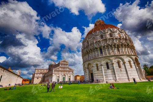 Preview: Pisa, Italy - April 30, 2018: Tourists Enjoy Square Of Miracles. Pisa Attracts 5 Million Tourists