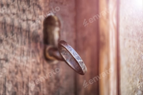 Preview: Selective Focus, Old Keyhole And Key On A Wooden Antique Door, Vintage Color Tone Process
