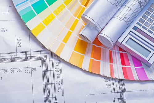 Preview: Rolled Bueprints And Calculator On Color Palette