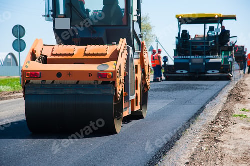 Preview: Workers On A Road Construction, Industry And Teamwork, New Asphalt